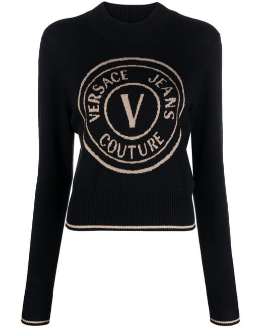 Pull en coton à logo intarsia Versace en coloris Black