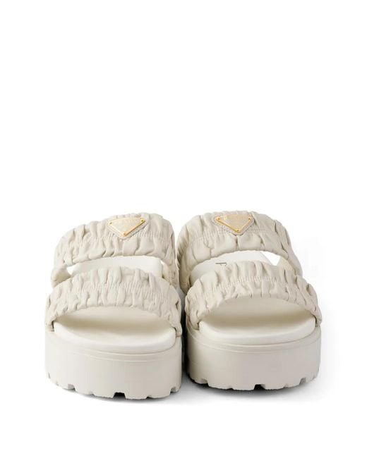 Prada White Matelassé Nappa Leather Flatform Slides