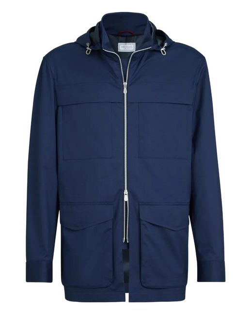 Brunello Cucinelli Blue Detachable-Hood Safari Jacket for men