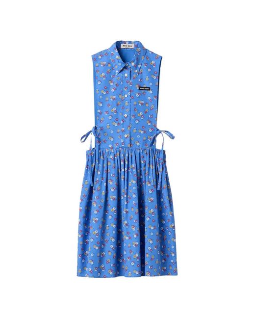 Miu Miu Blue Poplin Side Tie Dress