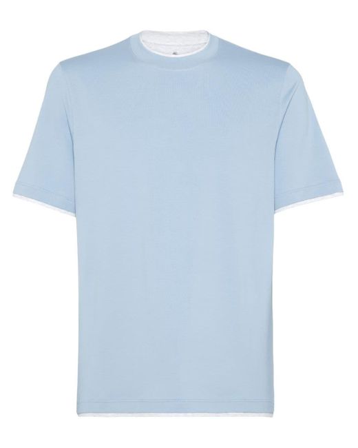 Brunello Cucinelli Blue Faux Layering Cotton T-Shirt for men