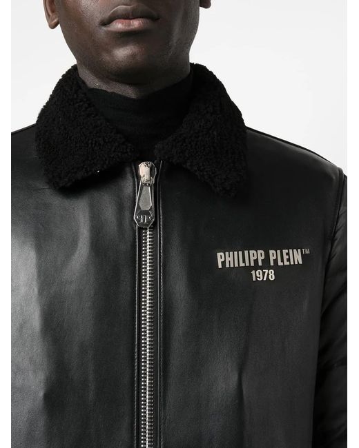 Philipp Plein Black Logo-Print Padded Leather Jacket for men