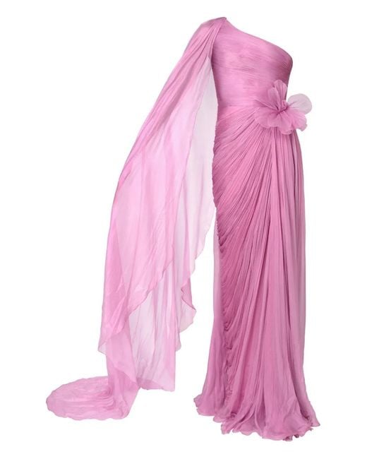 IRIS SERBAN Pink Pleated One-Shoulder Maxi Dress