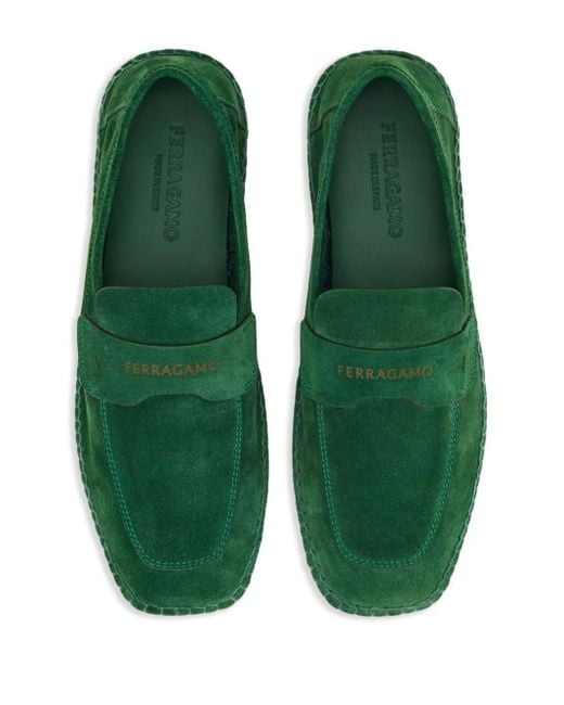 Ferragamo Green Logo-debossed Suede Loafers for men