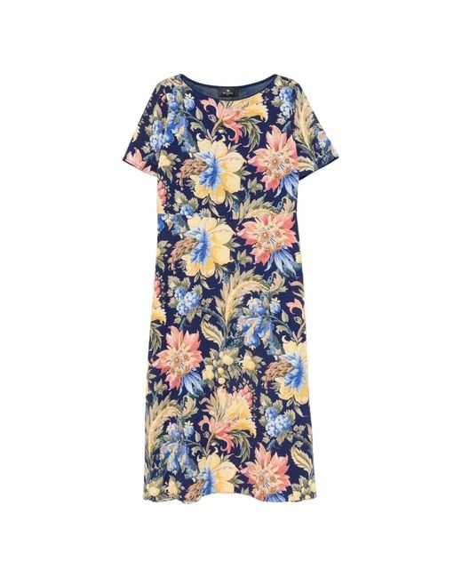 Etro Blue Floral-Print Short-Sleeve Midi Dress