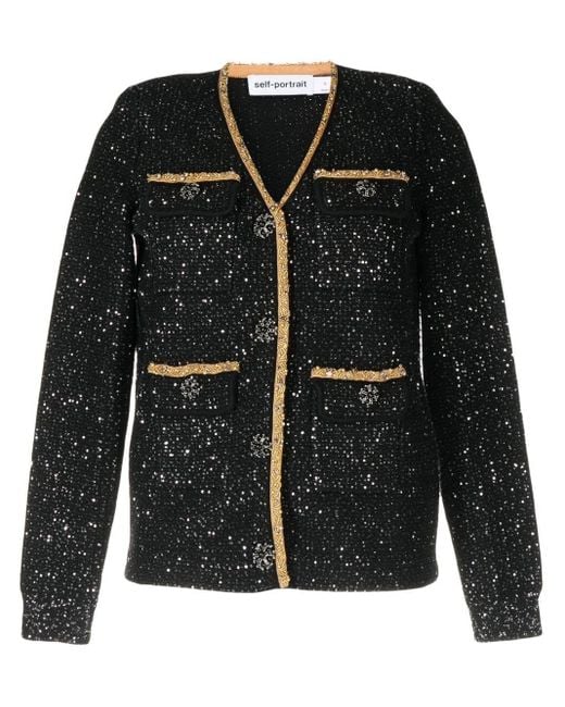 SelfPortrait Black Sequin Knit Cardigan Lyst
