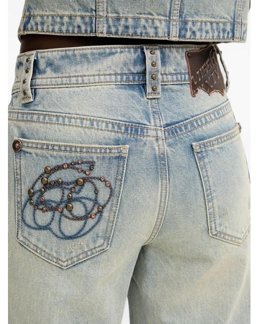 Miss Sixty Blue Stud-Embellished Embroidered Wide-Leg Jeans