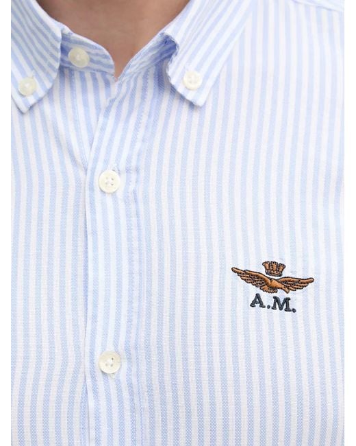 Aeronautica Militare White Vertical-Stripe Logo-Embroidered Shirt for men