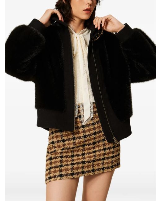 Twinset Black Faux-Fur And Wool Cloth Bomber Jacket