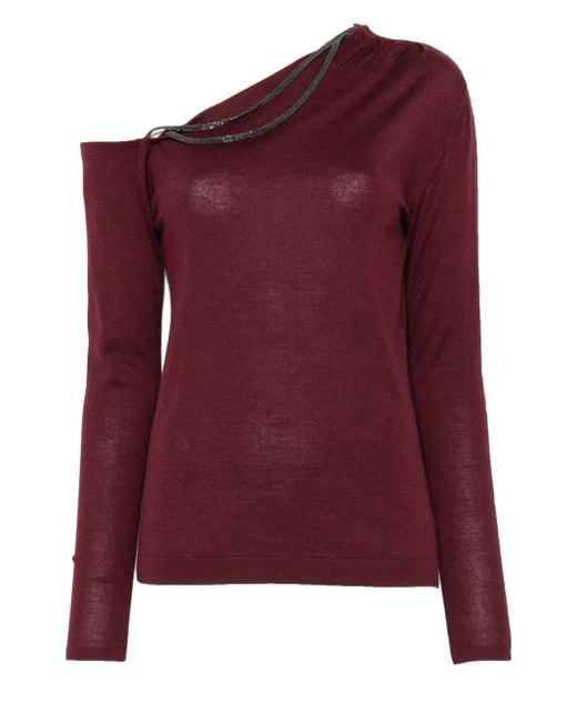 Brunello Cucinelli Red One-Shoulder Chain-Embellished Top