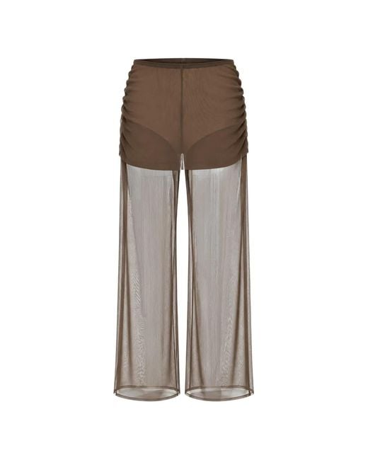 Exilia Brown Sheer Ruched-Detail Palazzo Pants