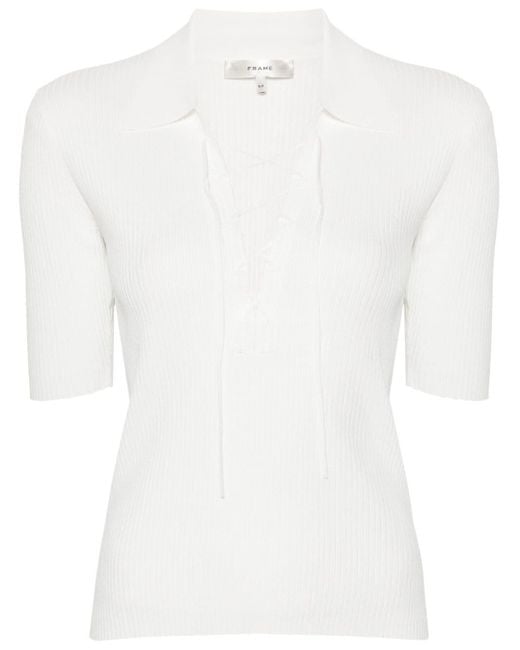 FRAME White Off Ribbed Knit Short-sleeved Blouse
