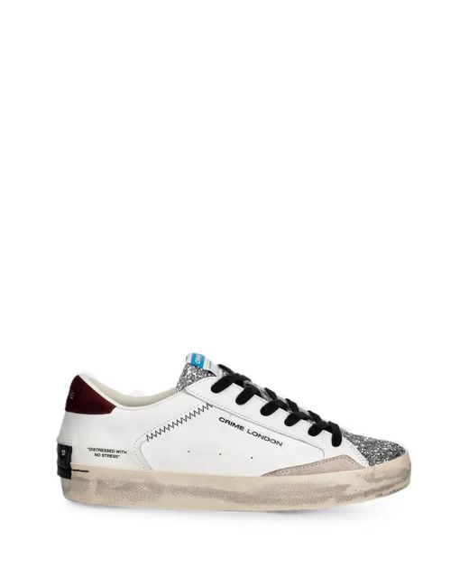 Crime London White Distressed Glitter-Embellished Sneakers