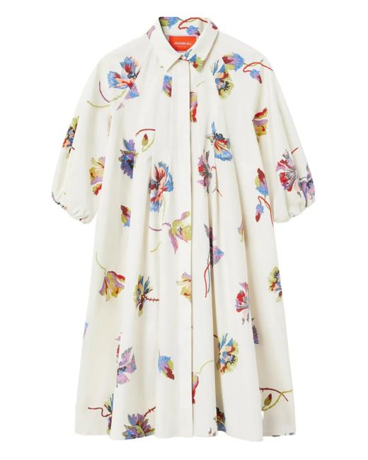 LaDoubleJ White Sunburst Floral-Print Puff-Sleeve Mini Dress