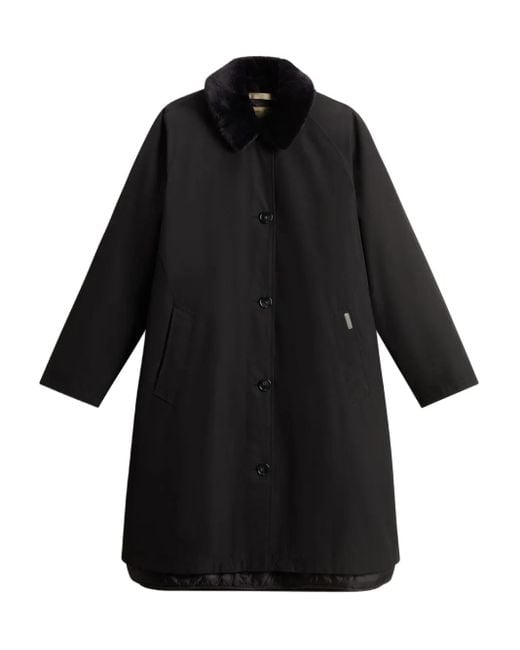 Woolrich Black Faux-Fur Collar Button-Fastening Coat