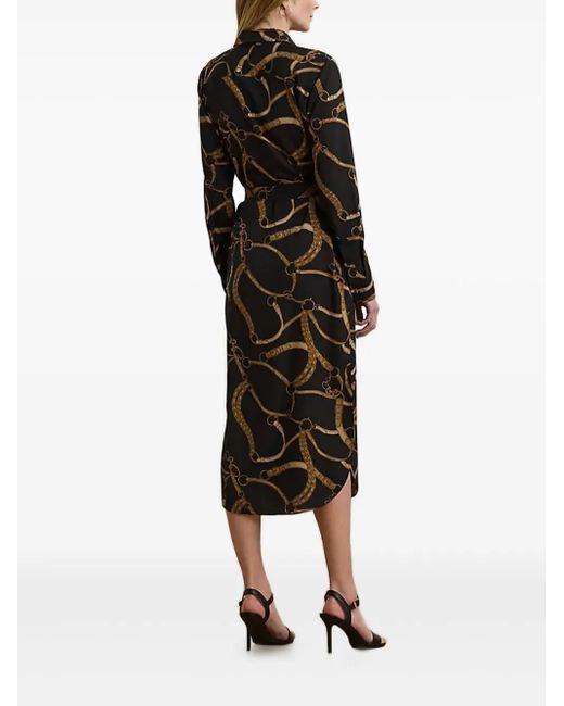 Ralph Lauren Black Belting-Print Crepe Shirt Midi Dress
