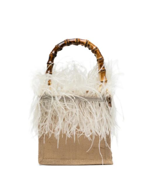 La Milanesa Natural Small Violetta Feather Bamboo-Handle Tote Bag
