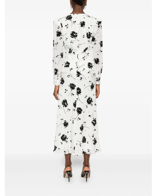 Alessandra Rich Midi-Jurk Met Roosprint En Knoopdetail in het White