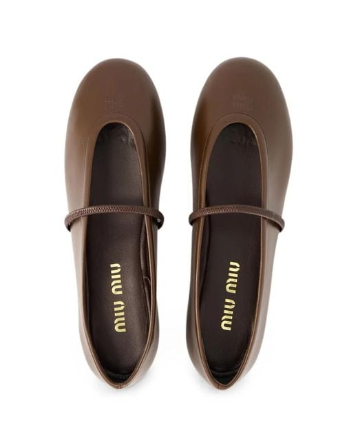 Miu Miu Brown Elasticated-Strap Leather Ballet Flats