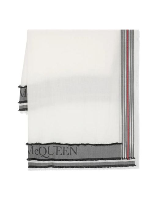 McQueen White Logo-Intarsia Frayed Wool Blend Scarf