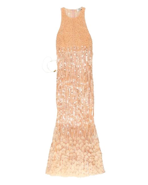 Elisabetta Franchi Natural Sequin-Embellished Maxi Evening Dress
