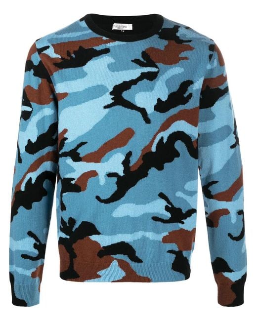 Valentino Garavani Blue Intarsia-Knit Camouflage Cashmere Jumper for men