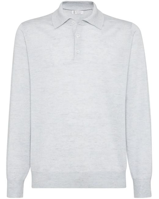 Brunello Cucinelli White Cashmere And Silk Knitted Polo for men