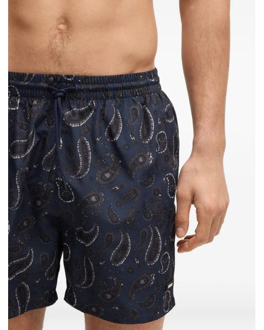 Boss Blue Paisley-Print Swim Shorts for men