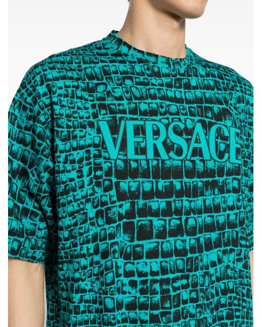 メンズ Versace Coccodrillo プリント Tシャツ Blue