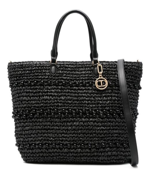 Twin Set Black Crochet Raffia Tote Bag