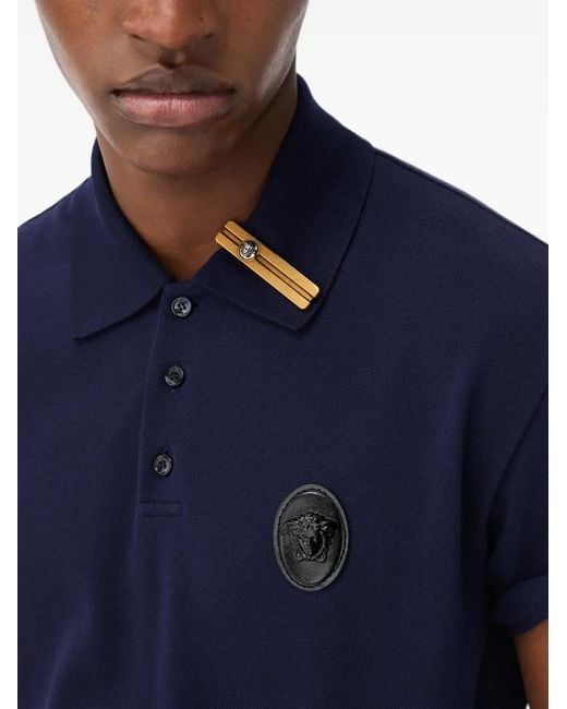 Polo De Piqué De Algodón Versace de hombre de color Blue