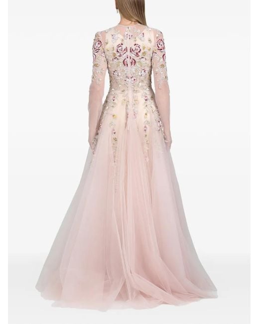 Dina Melwani Pink Leaf-Embroidered Gown Maxi Dress