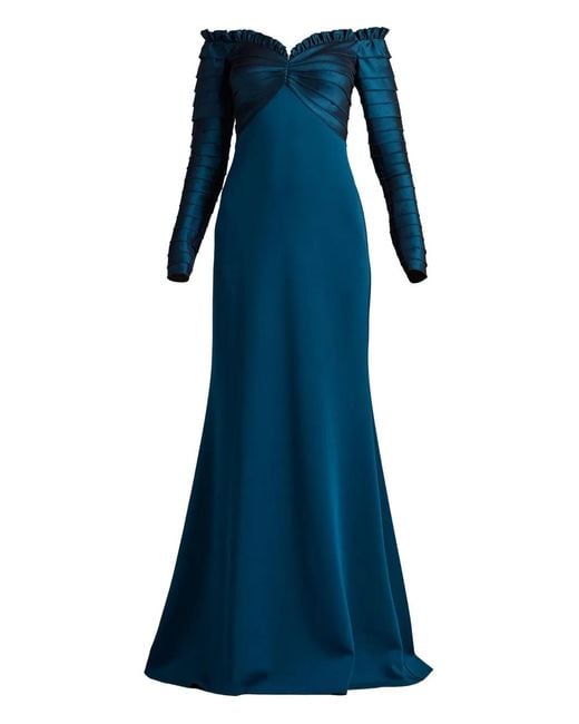 Tadashi Shoji Blue Ruffled Long-Sleeve Maxi Dress