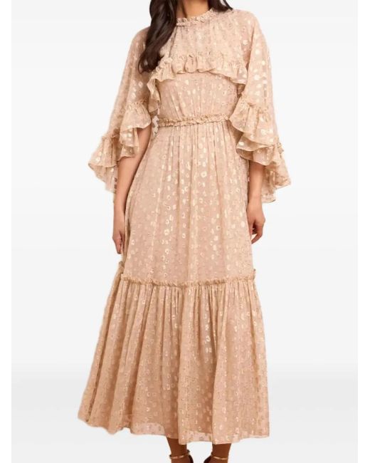 Needle & Thread Natural Harper Cape-Sleeve Ruffled Midi Dress