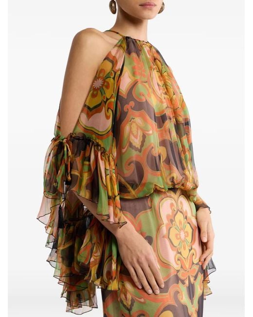 Etro Metallic Long Silk Dress With Ruffles And Placed Floral Print