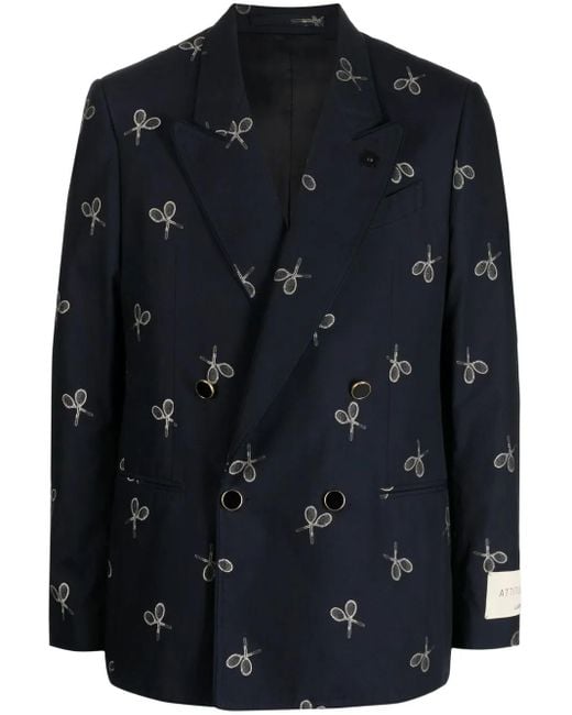 Lardini Blue Racket-Print Double-Breasted Blazer for men