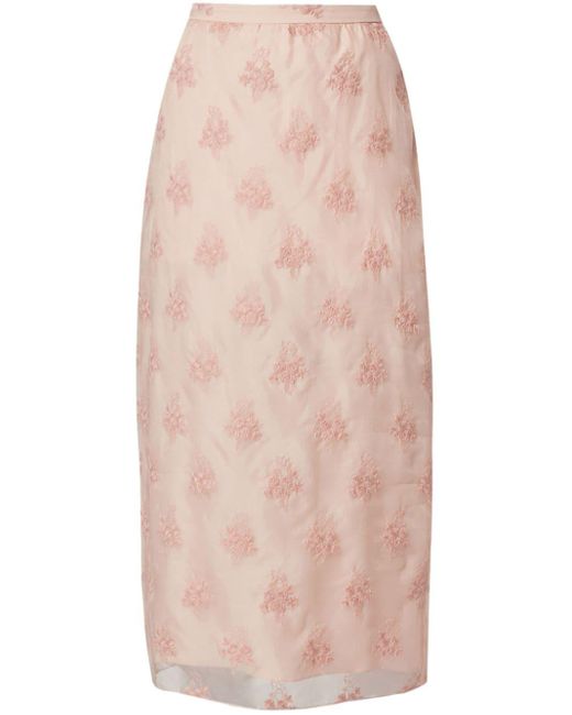 Erdem Pink Floral-embroidered Silk Pencil Skirt
