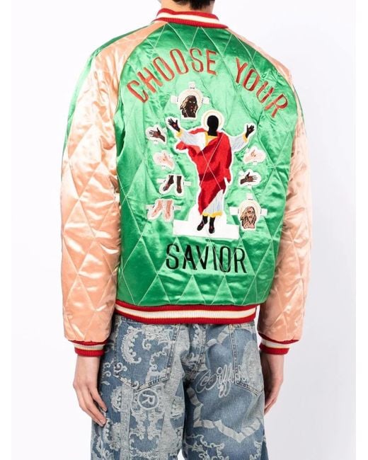SAINT Mxxxxxx Green Embroidered-Slogan Bomber Jacket for men