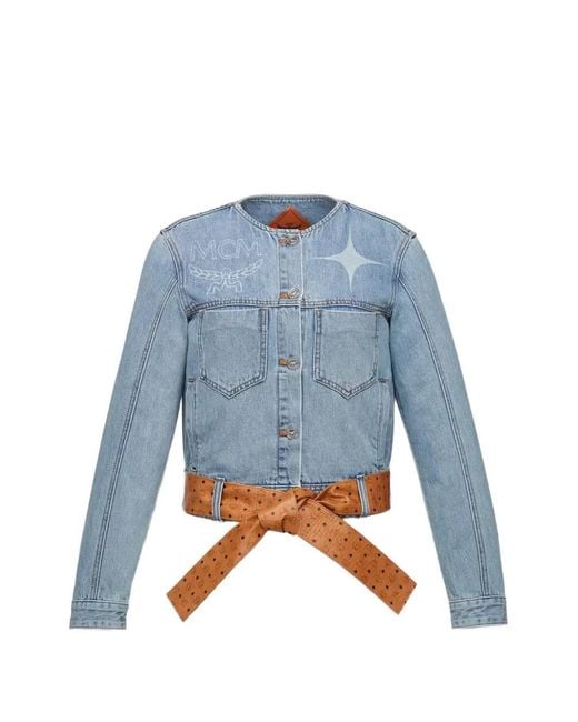 MCM Blue Logo-Print Tie-Waist Denim Jacket