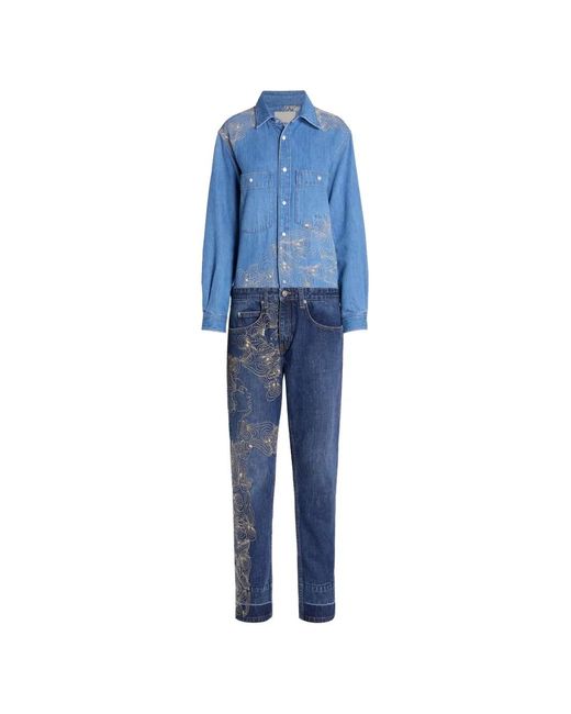 Isabel Marant Blue Imane Embroidered Faded-Effect Jumpsuit