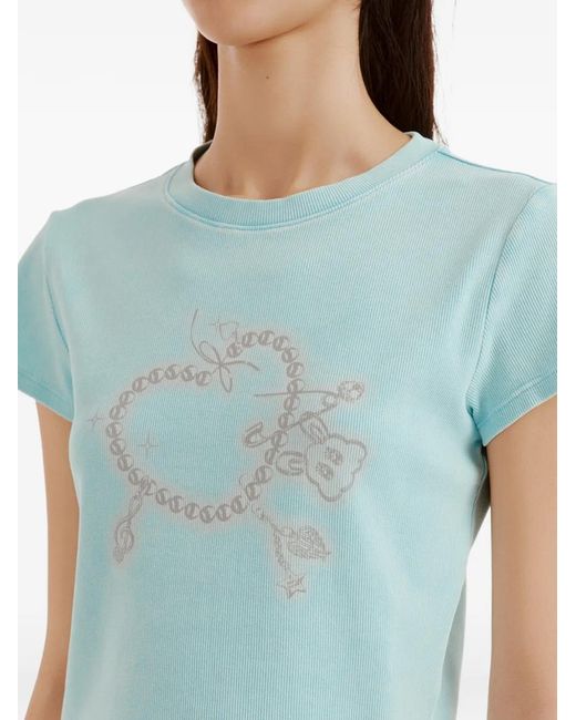 Mini Cream Blue Graphic-Print Ribbed T-Shirt