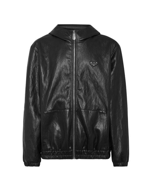 Philipp Plein Black Eco Leather Windbreaker for men