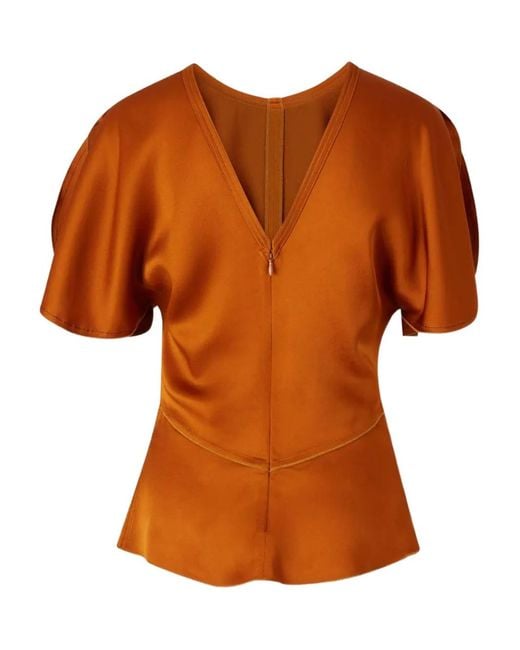 Victoria Beckham Orange V-Neck Short-Sleeve Blouse