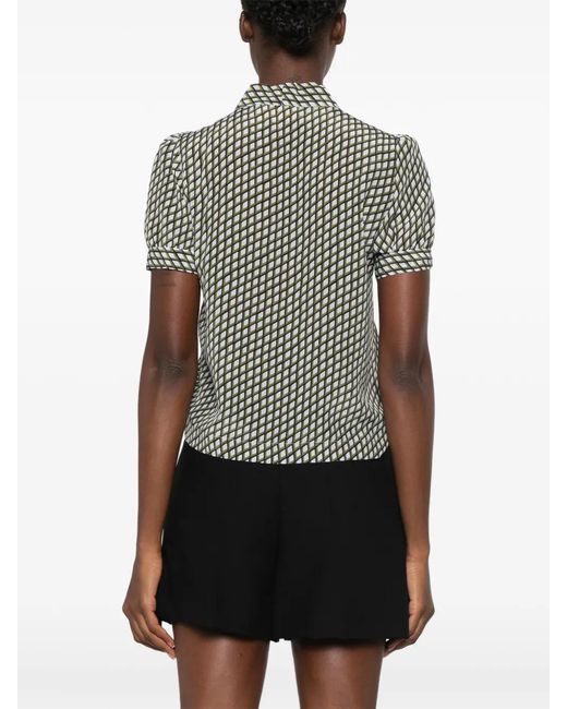 iBlues Gray Geometric-Print Pussy-Bow-Collar Blouse