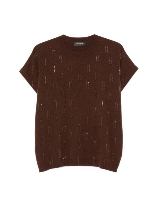 Fabiana Filippi Brown Bead-Embellished Short-Sleeve Sweater