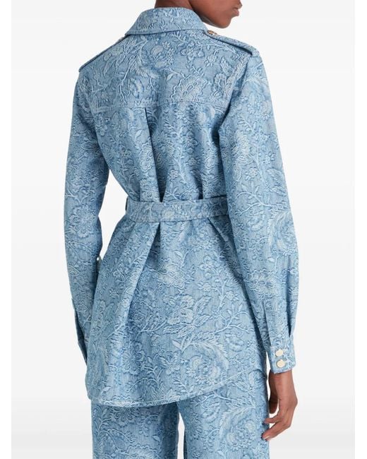 Temperley London Blue Floral-Print Belted Denim Jacket