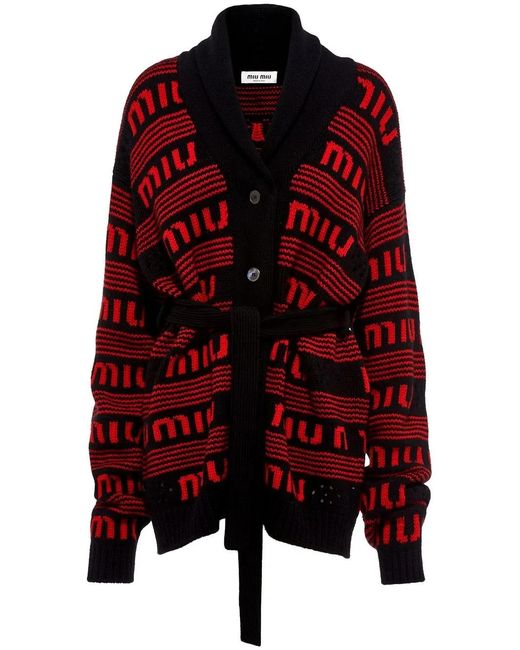 Miu Miu Red Intarsia Logo-Knit Cashmere Cardigan