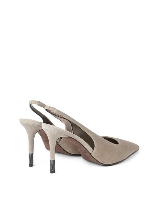 Brunello Cucinelli White Suede Leather Slingback Pumps