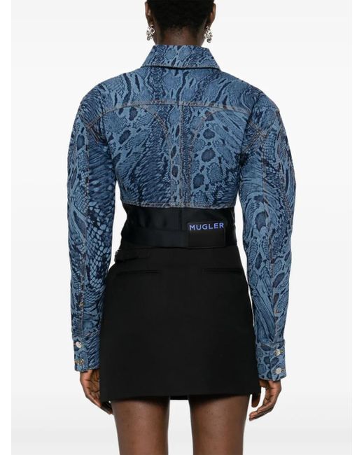 Mugler Blue Snake-Print Panelled Denim Jacket