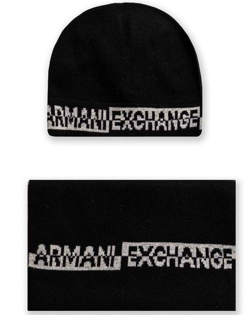 ARMANI EXCHANGE Black Intarsia-Knit Set Of Scarf And Beanie for men